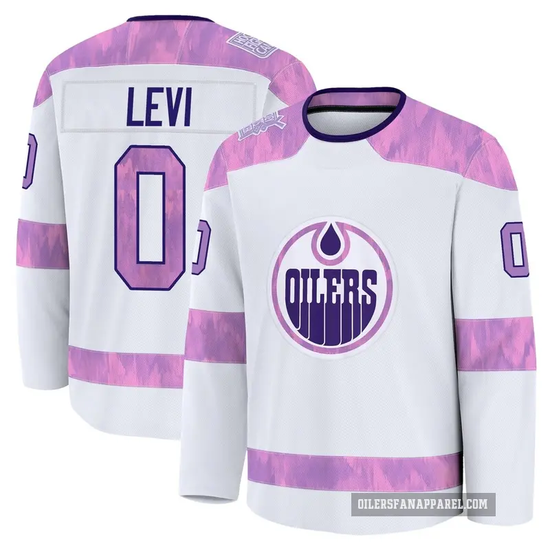 Men's Devon Levi Edmonton Oilers ＃0 Premium White 2024 Hockey Fights Cancer Practice Jersey