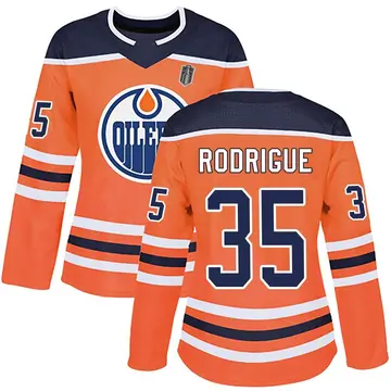 Women's Olivier Rodrigue Edmonton Oilers ＃35 Authentic Orange r Home 2025 Stanley Cup Final Jersey